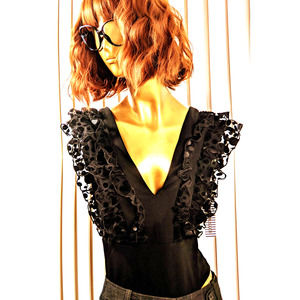 Womens Haute Monde Bodysuit Plunging V Neckline Mesh Ruffles Black Size Small